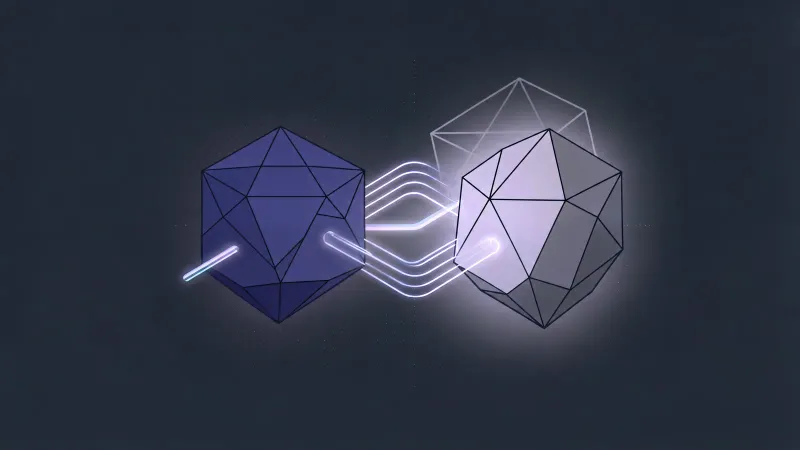 示意图:一个多面体经过中间的转换节点后变成另一个形状不同的多面体,原形轮廓以淡线叠在新形状后面